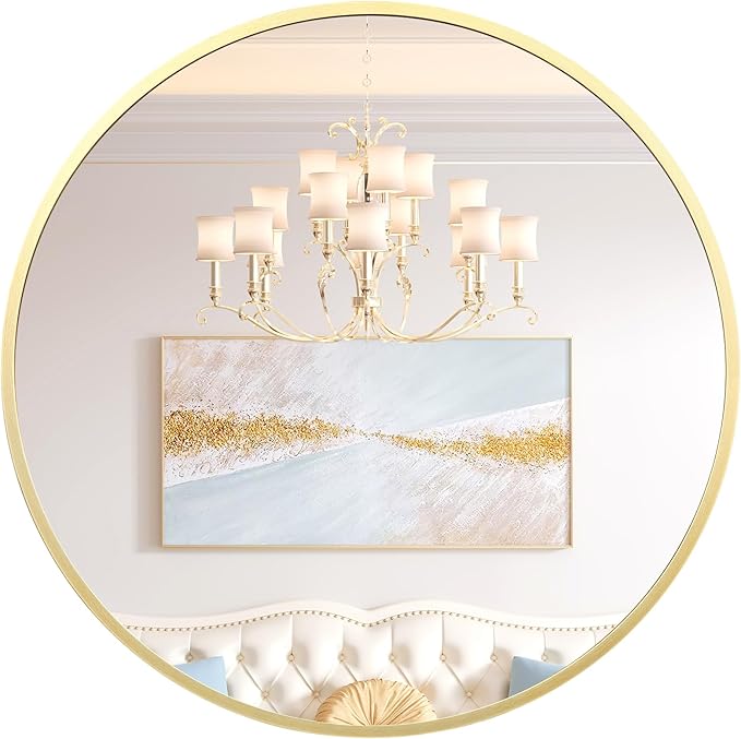 30 in Round Mirror for Wall, Gold Metal Frame Circle Mirror, Round Bathroom Mirror for Wall Decor, Mirror for Entryway, Vanity, Bedroom, Easy to Install