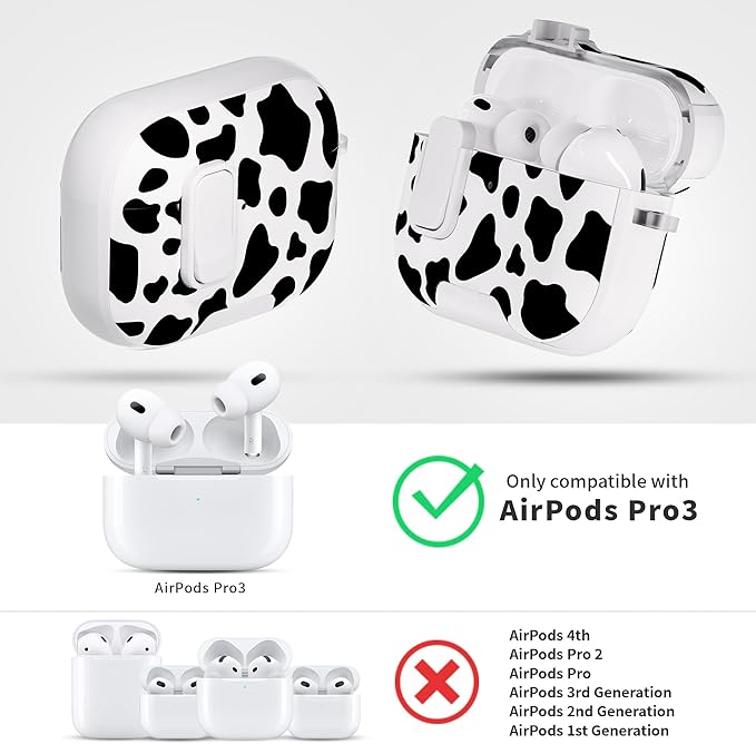 for AirPods Pro 3 Case(2025) with Secure Lock Clip and Phone Stand,Floral Girly Style Protective Cover with Cleaning Kit and Hand Strap for Apple AirPod Pro 3 Generation (White Cow)