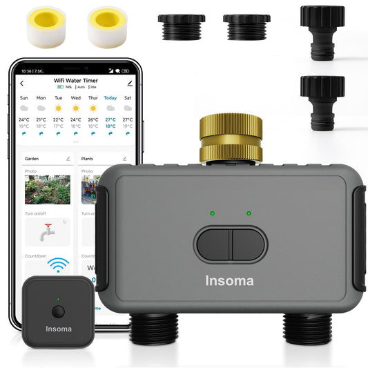 WiFi Hose Timer with Brass Inlet, 2-Zone Sprinkler Timer for Irrigation
