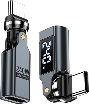 USB C Adapter [2-Pack], PD 240W USB C 90 Degree Adapter with LED Digital Display, 360 & 180 Degree C to C Adapters for iPhone 17/16/15, MacBook Pro/iPad Series, Samsung Galaxy, Tablet, Laptop