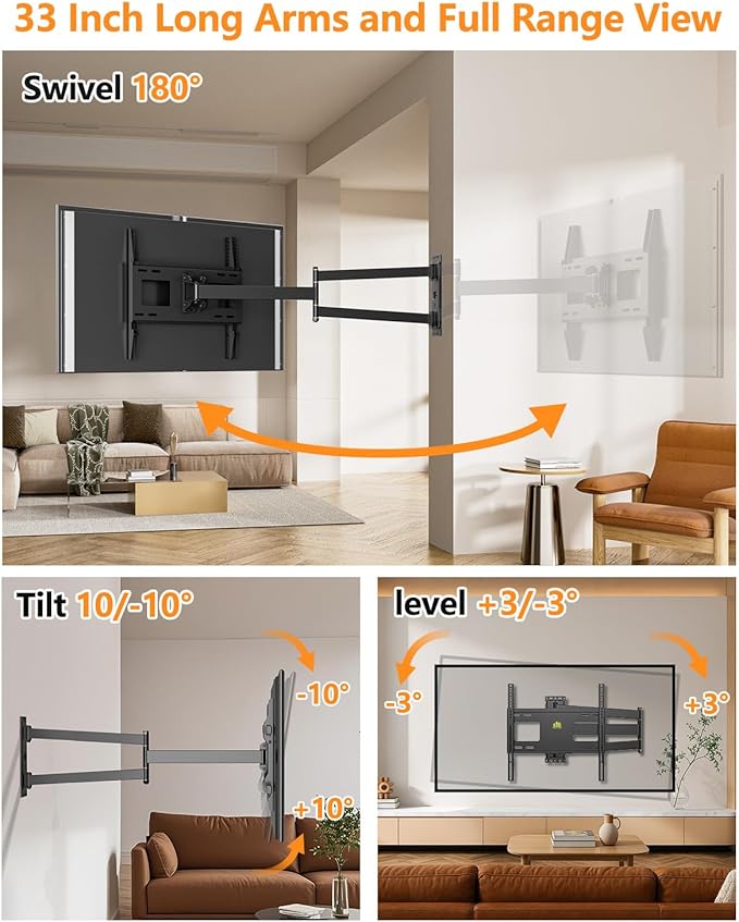 FORGING MOUNT Corner TV Wall Mount Long Arm TV Mount for 26"-65" TVs-Easy to Install Single Stud Design- 33" of Smooth Extension Plus Swivel,Tilt,Holds 99lbs,Universal Bracket Max VESA 400X400mm