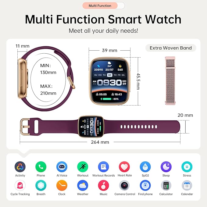 Smart Watches for Women, 1.85" HD AMOLED Display, 2 Bands Included, Works with iPhone & Android, 12-Day Battery, 3ATM Waterproof, Bluetooth Call, Health & Fitness Tracker, D-Purple