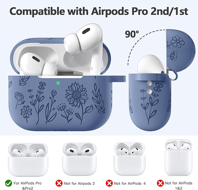 Hamile for AirPods Pro 2nd Generation Case with Cleaner Kit & Keychain, Cute Flower Engraved Soft Silicone Protective AirPods Pro Case Cover for Apple AirPods Pro Case 2nd/1st Generation, Blue Gray