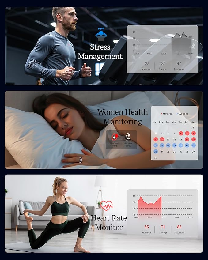 Smart Ring for Women & Men with Display, Health Ring with Heart Rate, Sleep Monitor, IP68 Waterproof Fitness Ring, Fitness Tracker Ring, No APP Fee for iPhone and Android (Rose Gold, 9#)