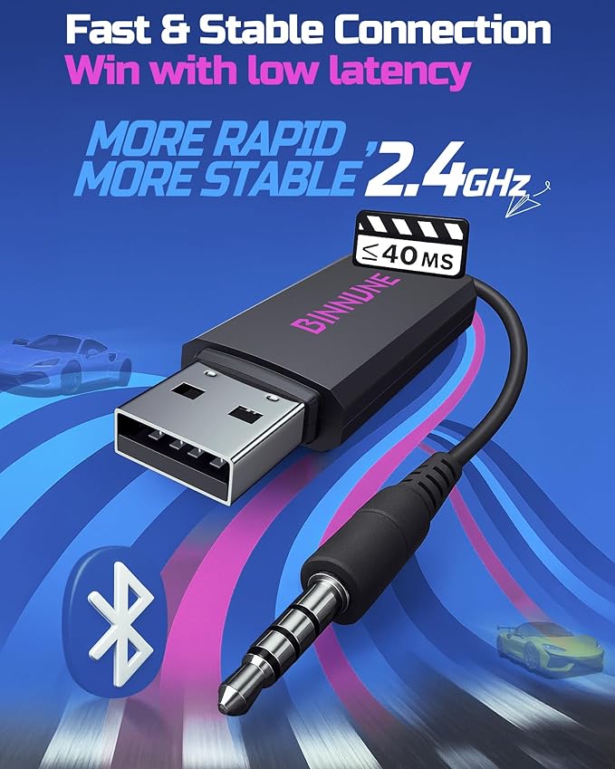 BINNUNE Wireless Gaming Headset — 2.4GHz Low-Latency USB Dongle + Bluetooth, 50mm Drivers 7.1 Surround, Noise-Cancelling Mic, 40H Battery — Over Ear Wireless Headphones for PS5, PC, Laptop, Purple