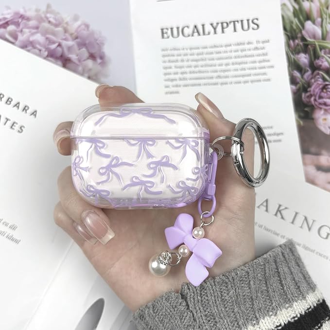 Compatible with AirPods Pro 2 Case Cover 2022, Soft TPU with Cute Flower Pattern for AirPods Pro 2nd/1st Generation Case with Flower Keychain and Carabiner for Girls Women (Purple Bow)