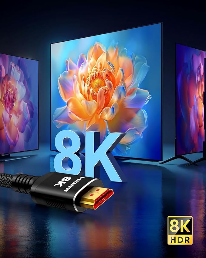 Snowkids 8K HDMI Cable 8 FT, Non-Slip Nylon Braided, 48Gbps Ultra High-Speed HDMI Cables Cord, 10K 8K@60Hz, 4K@120Hz Compatible for TV/PS-5/X-box/Projector/Sound System & More