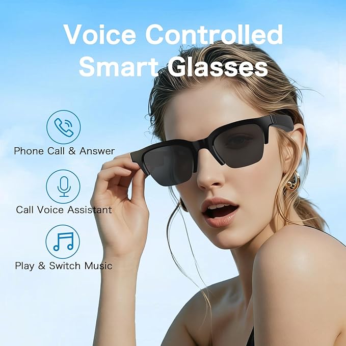 Smart Audio Glasses Open Ear Bluetooth Glasses Wireless Music and Calls Type C Fast Charging Physical Button Control Ultra Lightweight Unisex (White)