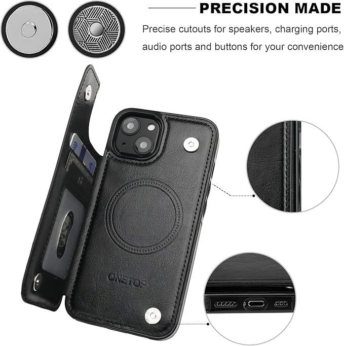 ONETOP Compatible with Magsafe for iPhone 13 Wallet Case with Card Holder, PU Leather Kickstand RFID Blocking Case, Double Magnetic Clasp and Durable Shockproof Cover 6.1 Inch (Black)