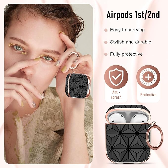 Maxjoy for AirPods 2nd Generation Case, Unique Design Hard Protective Shockproof Airpods Case Cover with Keychain Compatible with Apple AirPods 1st and 2nd Charging Case for Women Men,Black Triangle