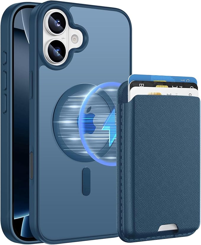 Magnetic for iPhone 16 Plus Case with Card Holder, Compatible with MagSafe, Slim Shockproof Phone Cover with Detachable Wallet, Built-in Magnet Ring, Deep Blue