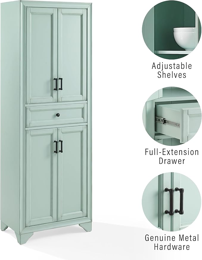 Crosley Furniture Tara Pantry Storage Cabinet with Shelves, Kitchen, Dining, or Laundry Room, Distressed Seafoam Blue