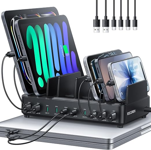 Rocoren 400W 10‑Port Charging Station,Dual PD 100W Dock w/ 6 Cables