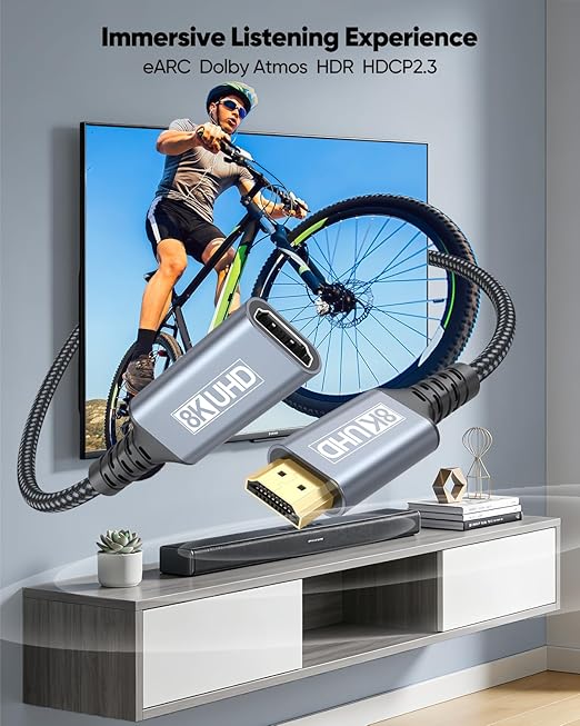 8K HDMI Extender Cable 6FT, 48Gbps HDMI Extension Cable Male to Female Adapter Support 8K@60Hz/4K@120Hz/Dynamic HDR/eARC, Compatible with Fire Stick/Roku Stick/HDTV/Monitor/Laptop/PS5/PS4