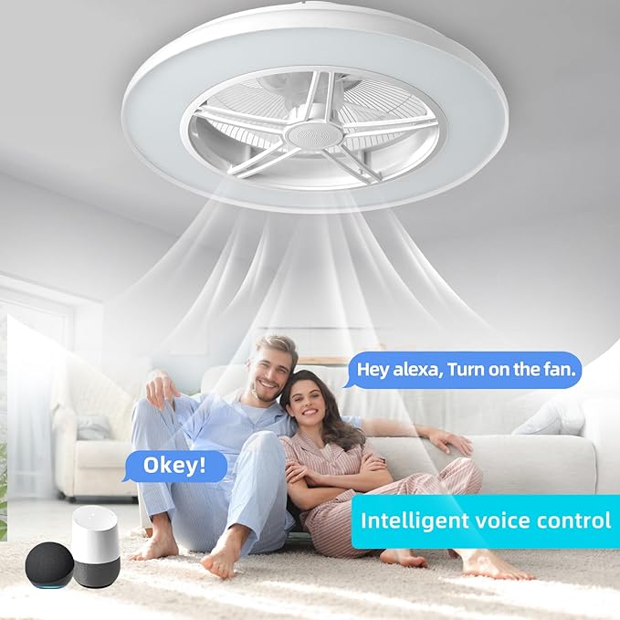 BAYSQUIRREL Samrt Low Profile Ceiling Fan with Light,Bluetooth Bladeless Ceiling Fans with Speaker,RGB-LED Dimmable Reversible Flush Mount Ceiling Fan for Bedroom