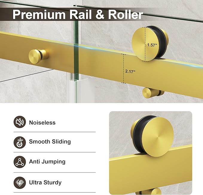 Frameless Shower Door,Single Sliding Glass Shower Door with Nano Coating & Safety Film, Adjustable 67"-72" W x 72" H, Brushed Gold,1/4" (6mm) SGCC Tempered Glass