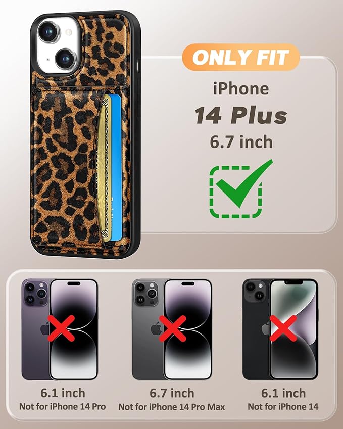 for iPhone 14 Plus Case with Wallet - Fits 4 Card Slots, Compatible with MagSafe for Women Aesthetic Durable PU Leather Credit Card Holder Kickstand Phone Cover for Apple 14 Plus, Leopard