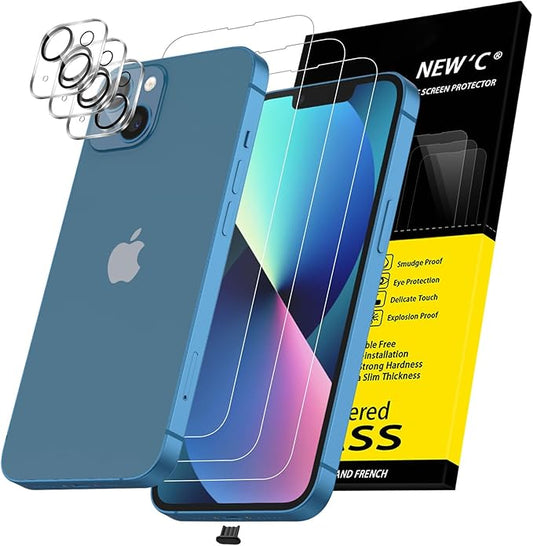 NEW'C 3x for iPhone 13 Screen Protector (6.1 inches)+ 3x Camera Lens Protector, Sensor Protection + Dust Plug - Case Friendly Tempered Glass Film, Ultra Resistant