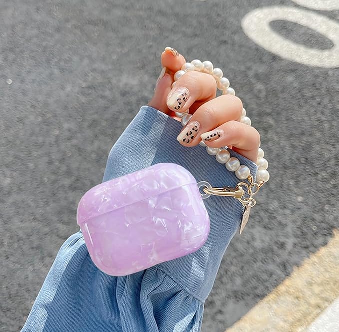 for Cute Glitter Airpods Pro/Pro 2 Gen Case with Cleaner Pen, Shell Pattern iPod Pro 2nd/1st Generation Cover Protective Skin Girl Women with Luxury Pearl Keychain 2023/2022/2019 - Purple