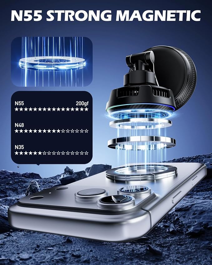 CloudValley 25W Wireless Car Charger Mount with RGB Light, Magnetic Car Phone Holder with Cooling Fan & 45W Adapter, 360° Rotating Vacuum Suction Mount, Design for MagSafe iPhone 17/16/15/14/13