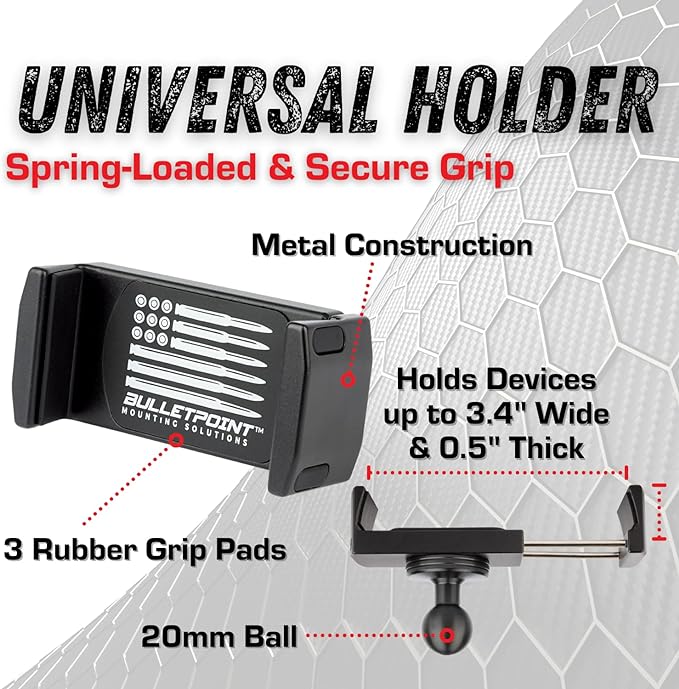 Bulletpoint Dash Cell Phone Holder Compatible with 2011-2018 Jeep Wrangler JK JKU 20mm Ball Mount (RubiGrid Multi-Device)