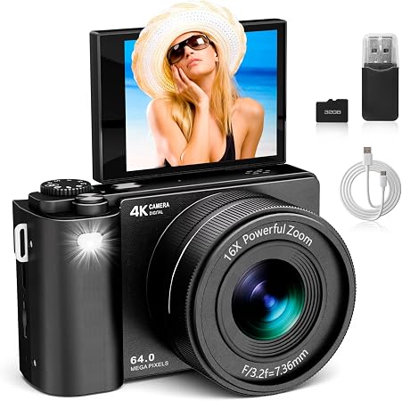 4K Digital Camera for Photography & Video: 64MP Vlogging Camera with 2.8”180° Flip Screen, Autofocus, 16X Digital Zoom, 32GB Card, Compact Point & Shoot Travel Camera for Beginners & Teens