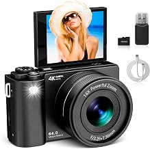4K Digital Camera for Photography & Video: 64MP Vlogging Camera with 2.8”180° Flip Screen, Autofocus, 16X Digital Zoom, 32GB Card, Compact Point & Shoot Travel Camera for Beginners & Teens