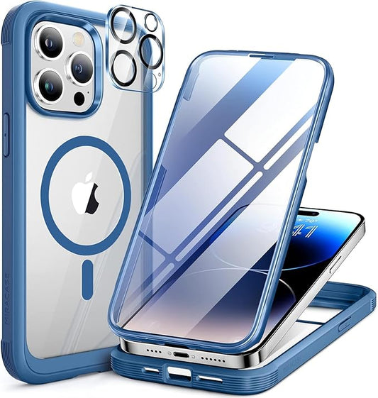 Miracase Magnetic for iPhone 14 Pro Max Case 6.7 inch, (Compatible with MagSafe) Upgrade Full-Body Clear Phone Bumper Case with Built-in 9H Tempered Glass Screen Protector, Magnetic Capri Blue