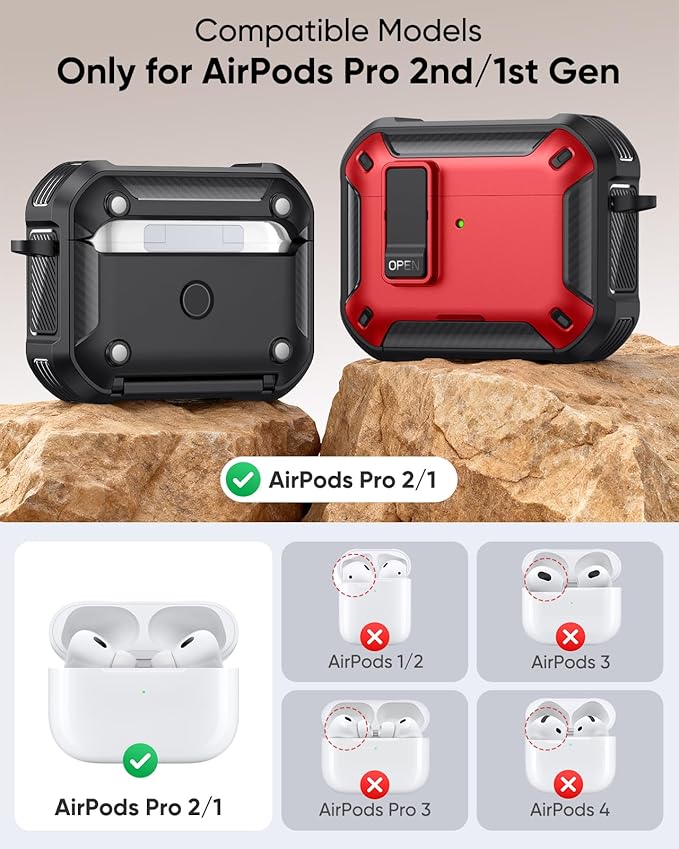 MoKo for AirPods Pro 2 Case with Lock - Compatible with MagSafe, Phone Stand & Auto Pop-up for AirPods Pro 2nd/1st Generation Case, Military-Grade Protective Cover with Cleaner Kit, Red+Black