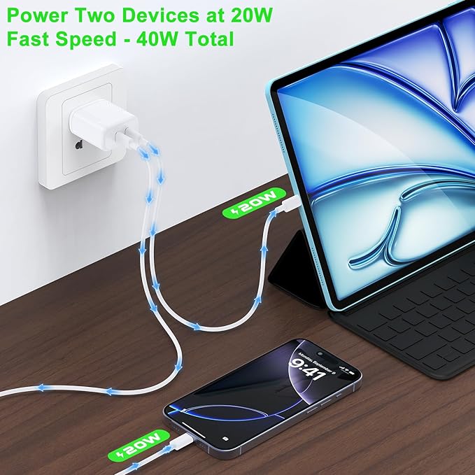 40W Total Dual USB C Charger,2-Port 20W Fast USB C Power Adapter Wall Charger Plug Type C Charging Block for Laptop Computer & Tablets/Phones iPhone 16/15/14/13/,(20W Per Port / 40W Combined)