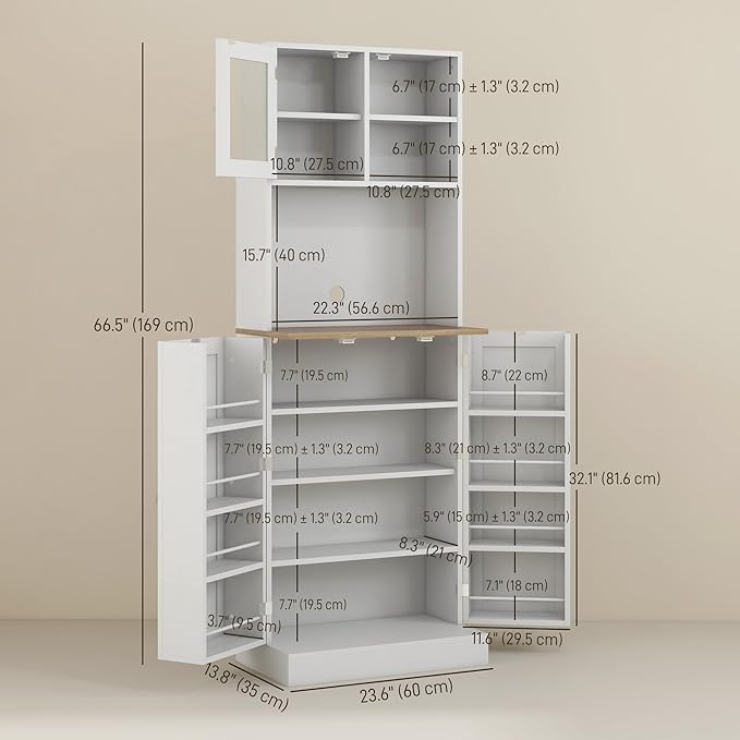 HOMCOM 67" Kitchen Pantry Cabinet with Microwave Shelf, Adjustable Shelves & 8 Door Storage, Modern Compact Kitchen Hutch, Freestanding Food Storage Cabinet with Glass Door for Dining Room, White