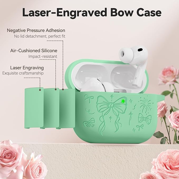 for Airpods Pro 3 Case Cover, Joremx Cute Bow Engraved Silicone Protective Case Cover with Keychain, Cleaner Kit for Airpods Pro 3rd Generation (2025) (Mint Green)