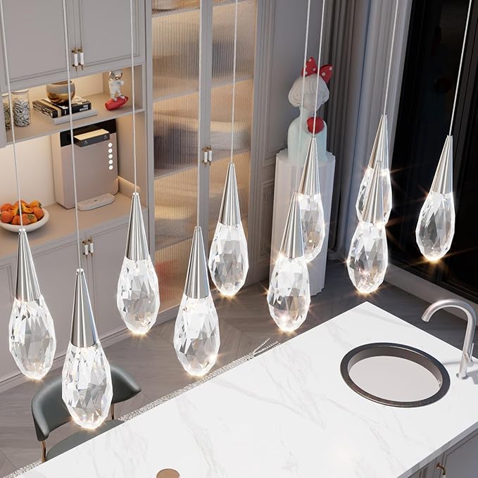10-Lights Modern Rectangular Chandelier LED Silver Rectangular Pendant Light Fixture Raindrop Chandelier for Dinning Room Staircase Living Room Foyer