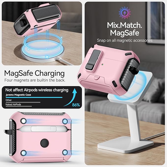 for AirPods Pro 2nd/1st Case (2023/2022/2019) with Phone Stand,（with Automatic Snap Switch） Carbon Fiber Design Protection Cover with Cleaning Pen,Pink