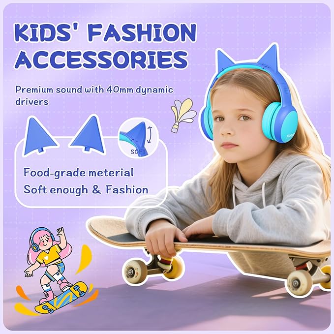 gorsun Kids Bluetooth Headphones, Over-Ear Toddler Headphones with Microphone, 85dB/94dB Volume Limited, 68H Playtime, Bluetooth 6.0, Portable Kids Wireless Headset with Cat Ears (Blue)