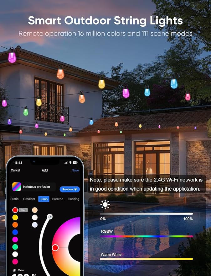 APPECK Smart Outdoor String Lights, 50ft RGBW Outdoor Patio Lights with 15 LED Bulbs, Extendable, 111 Scene Modes, IP65 Waterproof Lighting for Outside, Halloween Decor, Compatible with Alexa