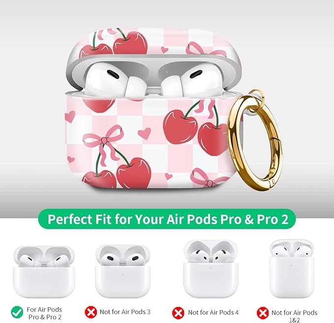 Compatible with Airpod pro 2nd/1st Generation Case Cover with Gold Round Keychain Cute Pattern Hard & Anti Slip Cover for Men Women & Girls（Bow Cherry）