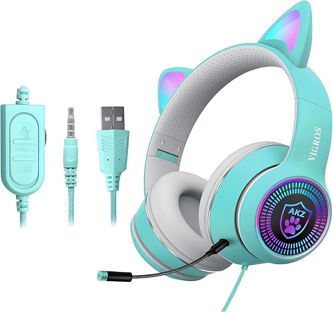 Cat Ear Gaming Headphones Wired AUX 3.5mm with LED Light, VIGROS Flashing Stereo Game Headphones Surround Sound Over-Ear Headsets with Microphone Fit Kids & Adult for PC, PS4, Switch, Mobile, Laptop