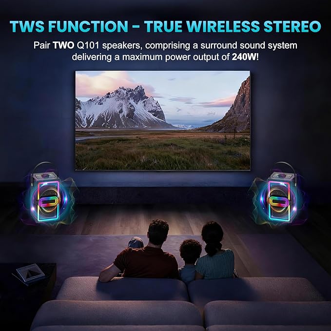 Bluetooth Speaker, 120W Peak Power Wireless Speakers Boombox with Deep Bass, Portable Loud Stereo Sound Subwoofer with LED Light Show for Party, Outdoor, Camping (Black)
