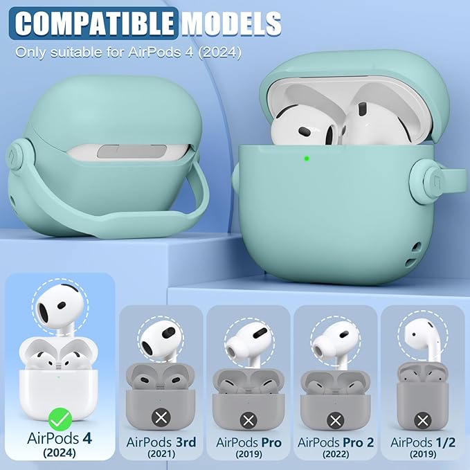 with Safety Lock for Airpods 4 Case, TPU Case for Apple Airpods 4 Case 2024 USB-C with Cleaner Kit, Drop Protection Airpods 4 Case Cover with Lock and Keychain, Mint Green