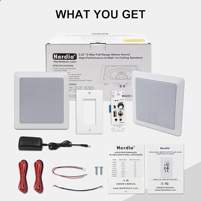 Herdio 5.25 Inch Bluetooth Ceiling Speakers with Wall Mount Control Amplifier Receiver System for Home Living Room Bedroom Bathroom Office (A Pair)