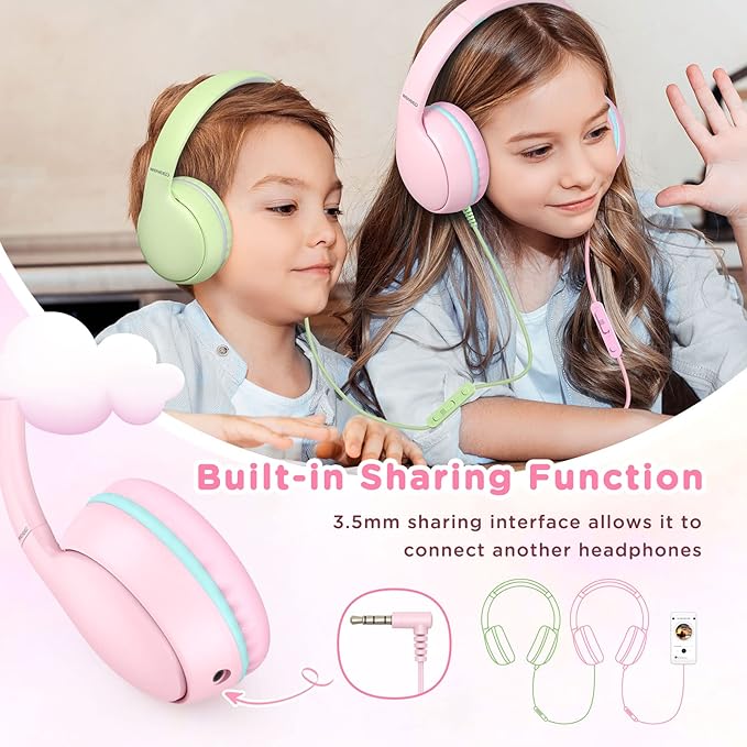 weneed Kids Headphones Wired with Microphone, Over Ear 85/94dB Volume Limited Headphones with Share Port, Stereo Sound Foldable Headset for Teens/Boys/Girls - Pink