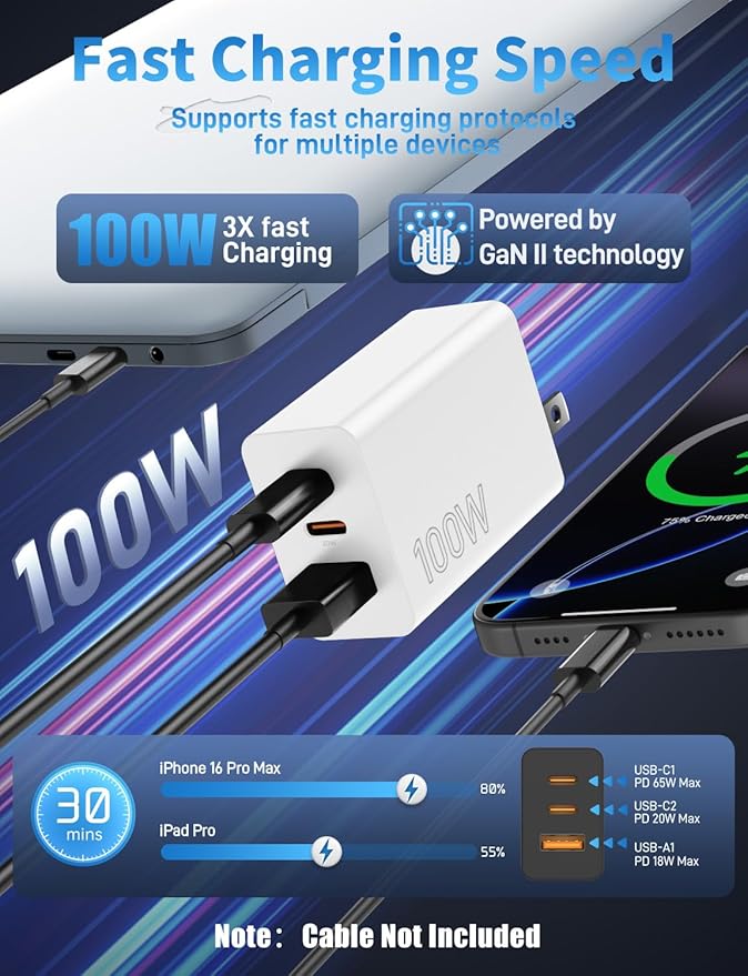 2Pack 100W USB C Charger Block, 3Port Fast Charging Adapter, Type C Fast Charging Blocks Cube PD USBC Wall Plug+QC3.0 USB A Charger Brick for MacBook Pro/Air,iPad,iPhone 17/16,Samsung S25 &More-White