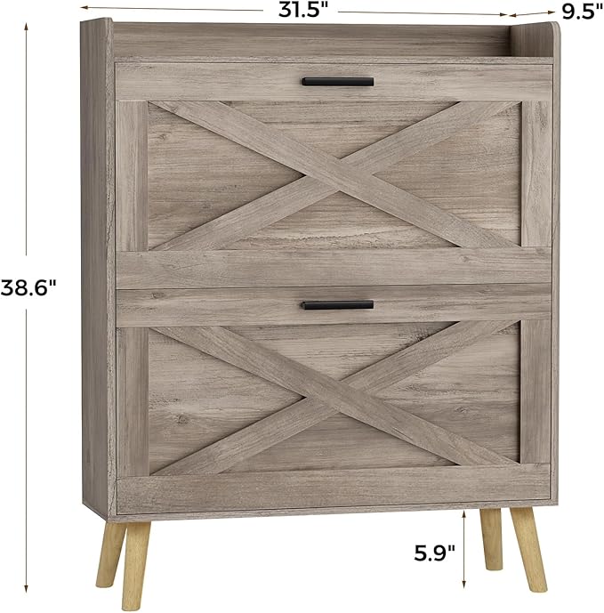 32" W Farmhouse Shoe Storage Cabinet with 2 Flip Drawers and Barn Door Design, Adjustable Shelves, Modern Hidden Slim Narrow Shoe Rack Cabinet for Entryway, Foyer, Hallway, Living Room,Greige