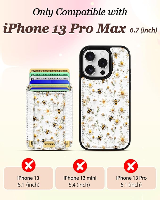 Shorogyt for iPhone 13 Pro Max Case Wallet - Fits 5 Cards, Compatible with Magsafe Detachable Magnetic Credit Card Holder Leather Cardholder Cute Phone Cover Women Girl for Apple 13 ProMax, Bee Flower
