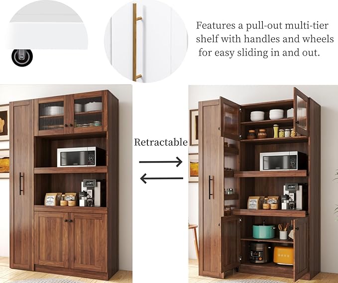 KEIKI 70.87" Tall Kitchen Pantry Storage Cabinet with Pull-Out Multi-Tier Shelf, Countertop, Glass Doors, Microwave Stand, Freestanding Wood Hutch Food Pantries Cupboard for Coffee Bar, Dining Room