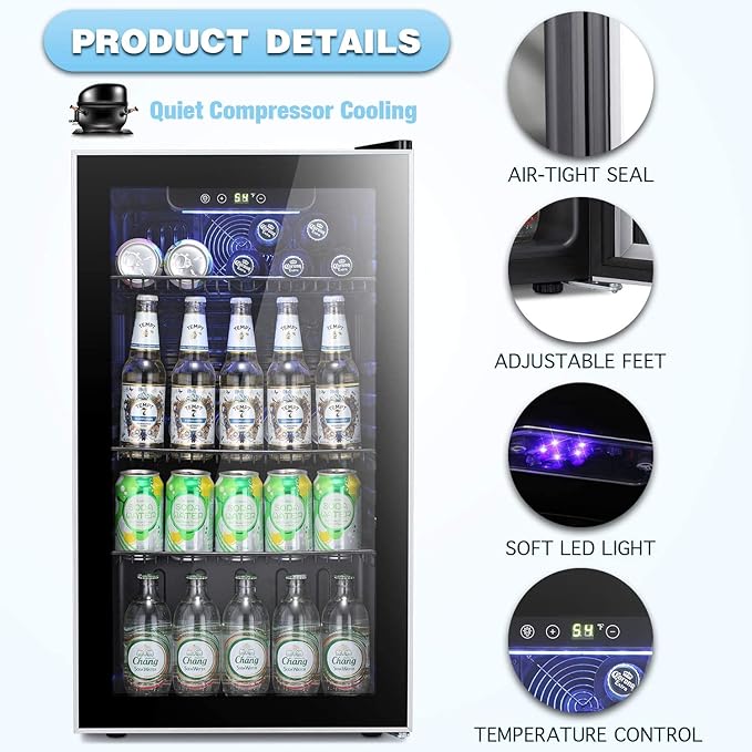 Antarctic Star Beverage Refrigerator Cooler -120 Can Mini Fridge Glass Door for Soda Beer or Wine Constant Glass Door Small Drink Dispenser Clear Front Door for Home, Office Bar 3.2cu.ft