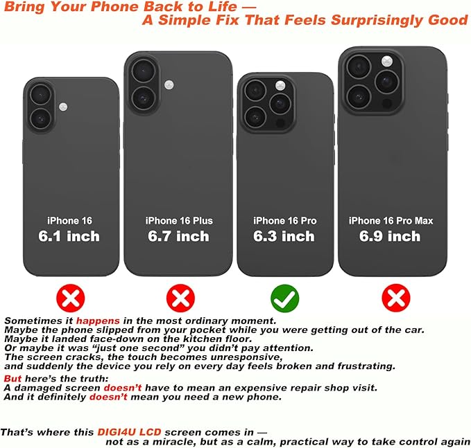 DIGI4U LCD for iPhone 16 Pro Screen Replacement, 6.3''[3D Touch][Small Notch] Screen for iPhone 16 Pro Display Digitizer Assembly, with Repair Tools for iPhone 16 Pro LCD