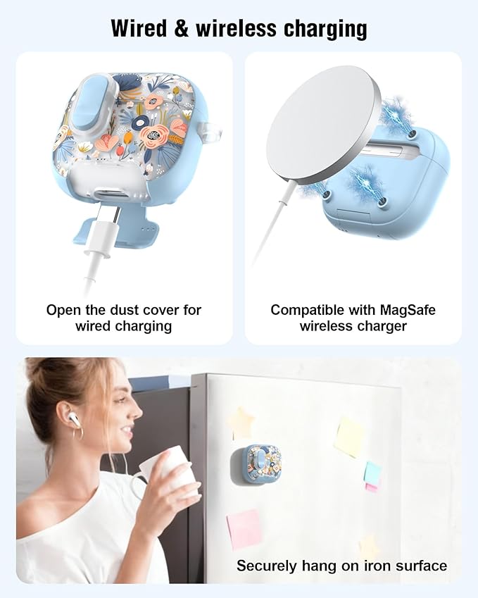 TATOFY for AirPods 4th Generation Case with Phone Stand Lanyard Lock Cleaning Kit, Compatible with Magsafe, Flowers Hard AirPod 4 Cover for Women (Blue, AirPods 4th)