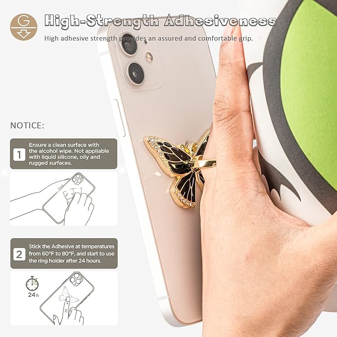 Butterfly Cell Phone Ring Grip Holder, 360 Degrees Rotation, Metal Finger Kickstand Compatible with iPhone, Samsung Galaxy, LG Google Pixel, Android Phone
